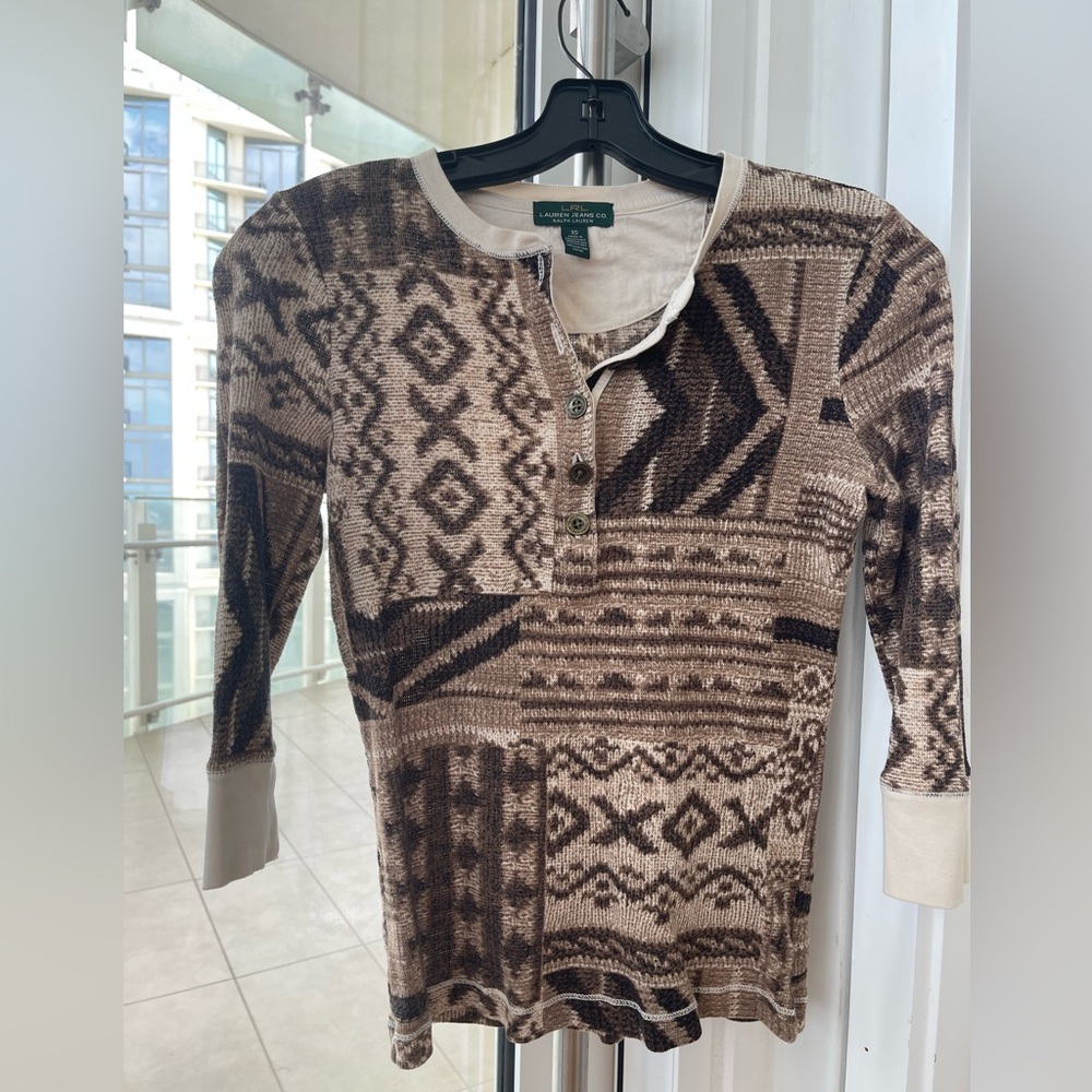 Lauren Ralph Lauren Brown and Cream Patterned Long Sleeve Henley Top